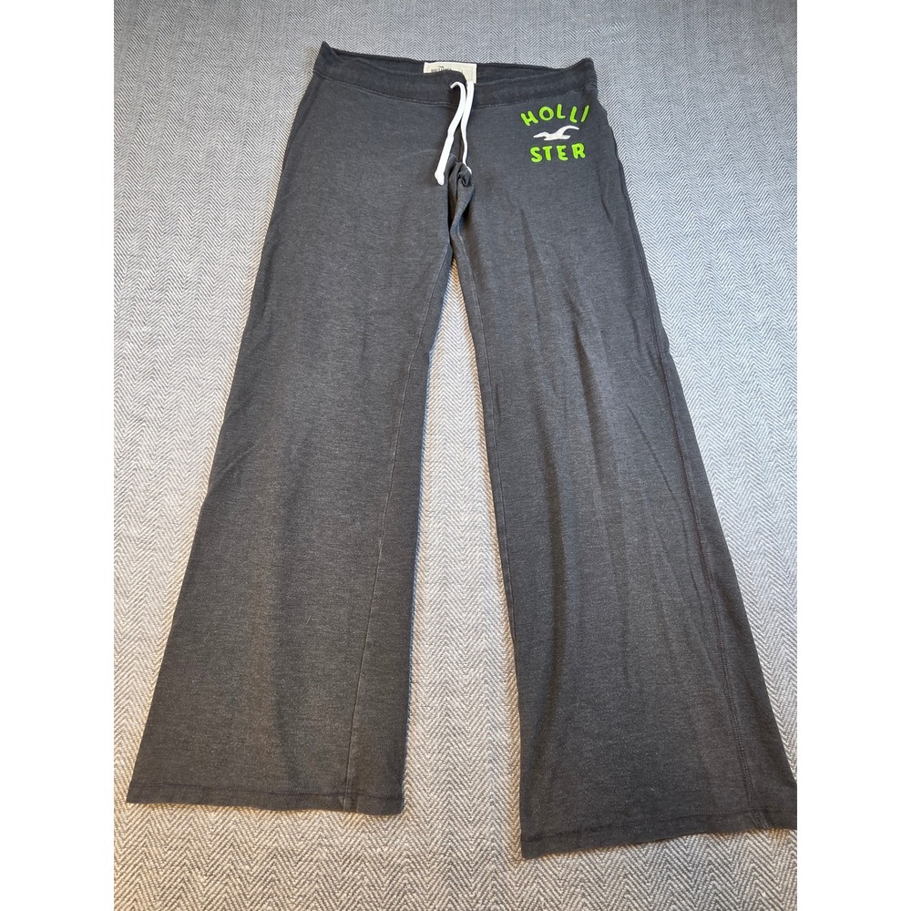 Hollister California Wide Leg Sweatpants Charcoal Gray Lime Green Logo Large